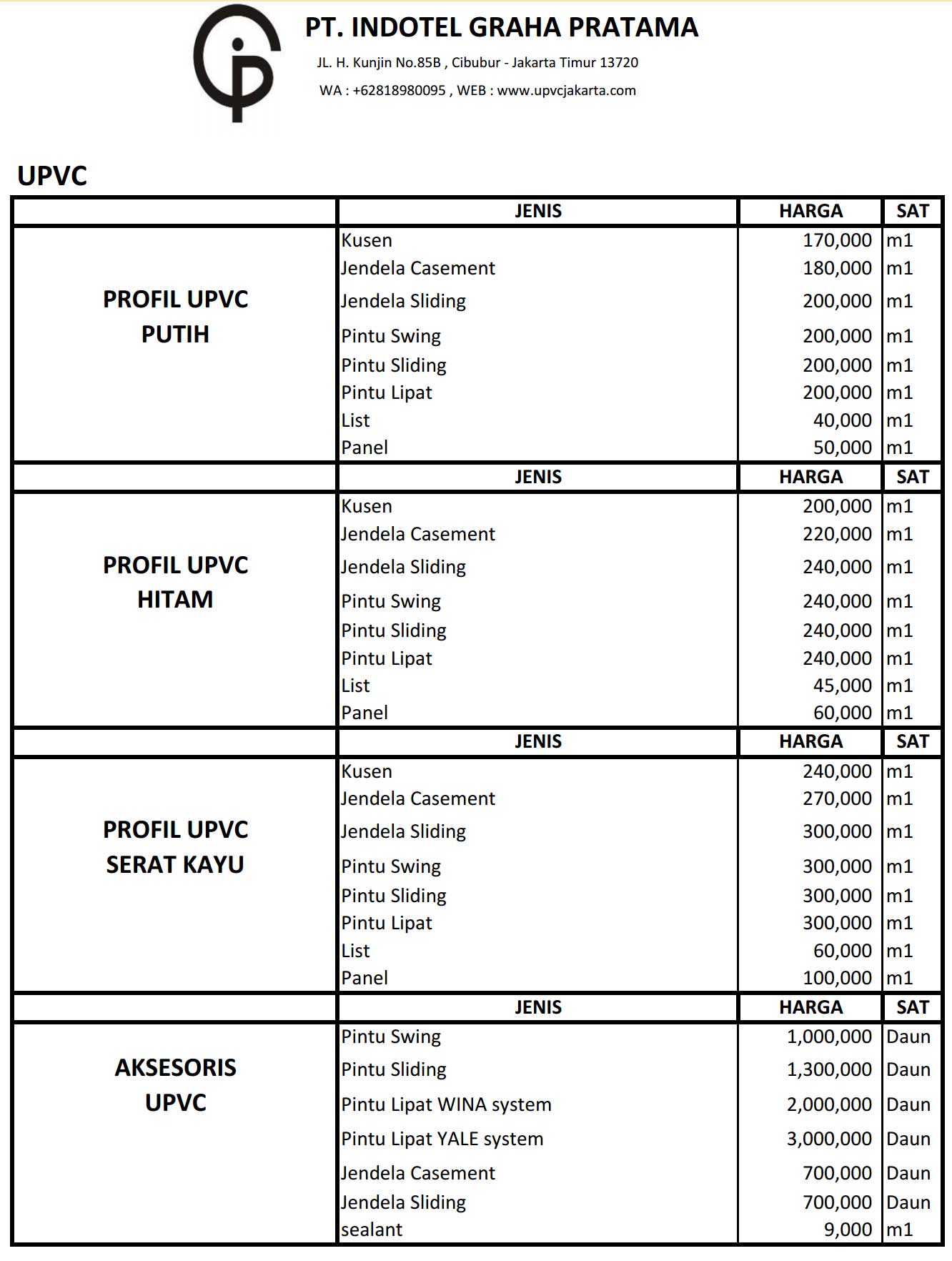 Price List Pintu UPVC Kusen UPVC Jendela UPVC